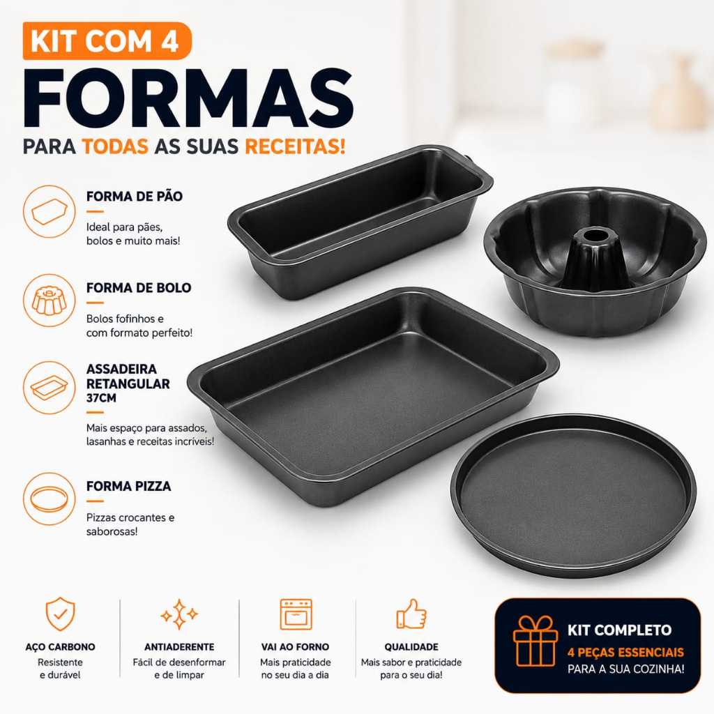 Kit 4 Pecas Forma Bolo Redonda Furo Meio + Assadeira Pizza + Forma 37 Retangular Bolo + Forma Assadeira Pão Caseiro