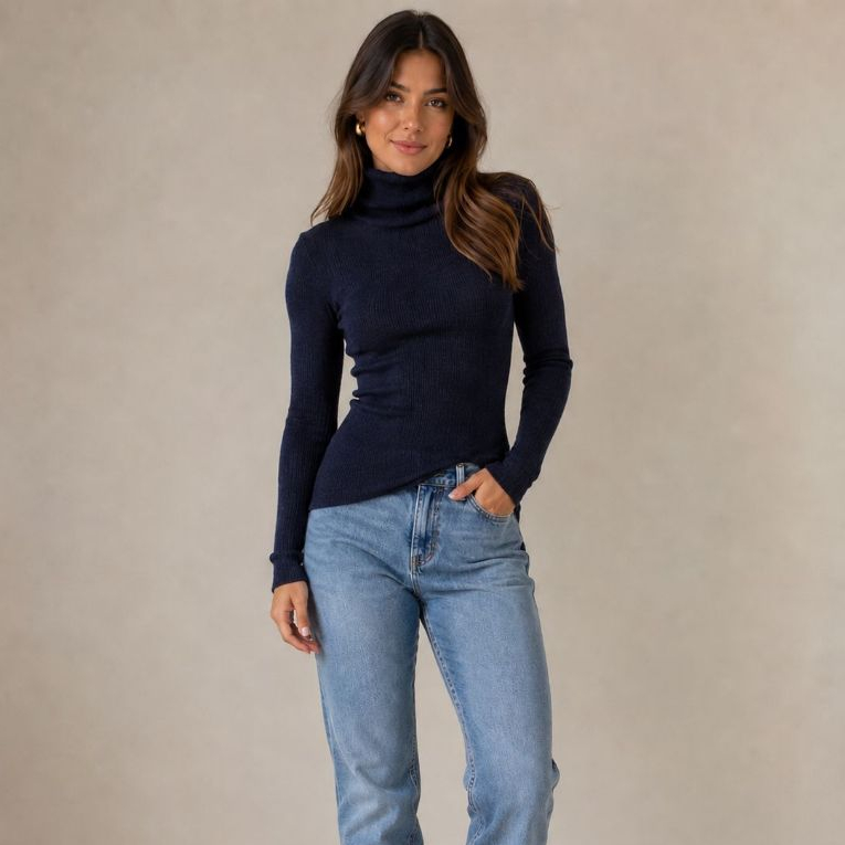 Cacharrel Feminina em Tricô Canelada Gola Alta Manga Longa Inverno Moda Casual Elegante