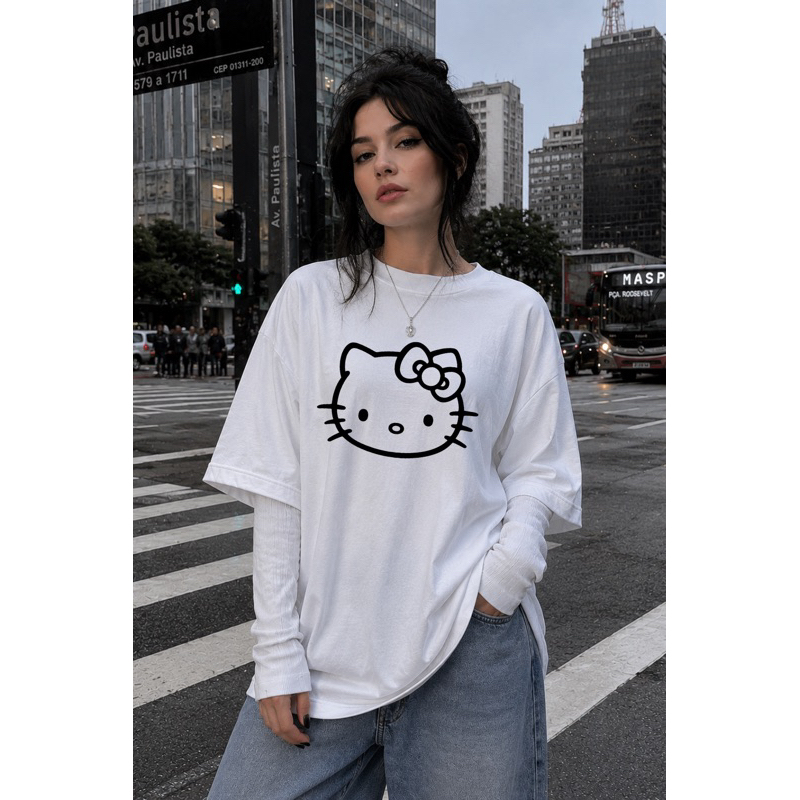 Camiseta Oversized Feminina Estampada Hello Kitty Streetwear Moda Casual T-Shirt Larga Algodão Confortável