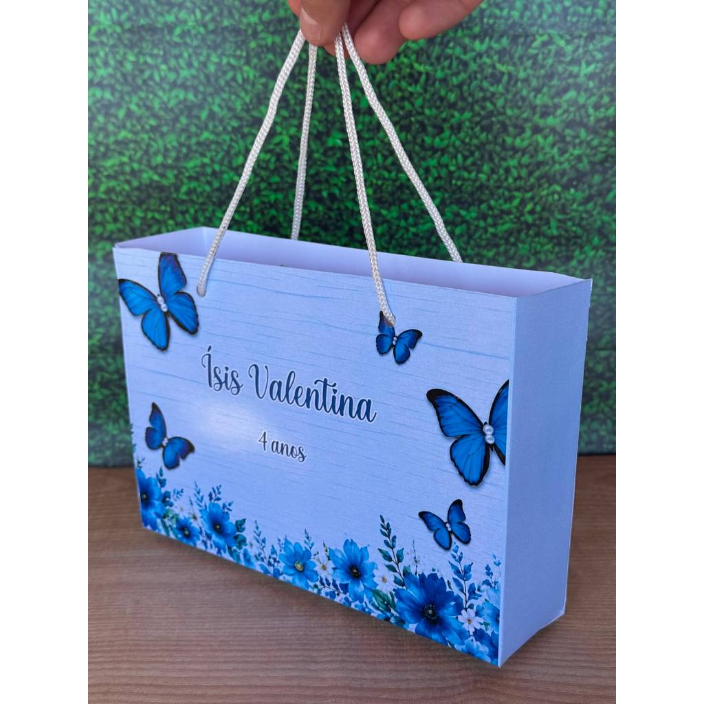 Sacolinha Surpresa G Borboleta Azul Jardim Personalizada com nome Festa Infantil Chá Aniversário Lembrancinhas