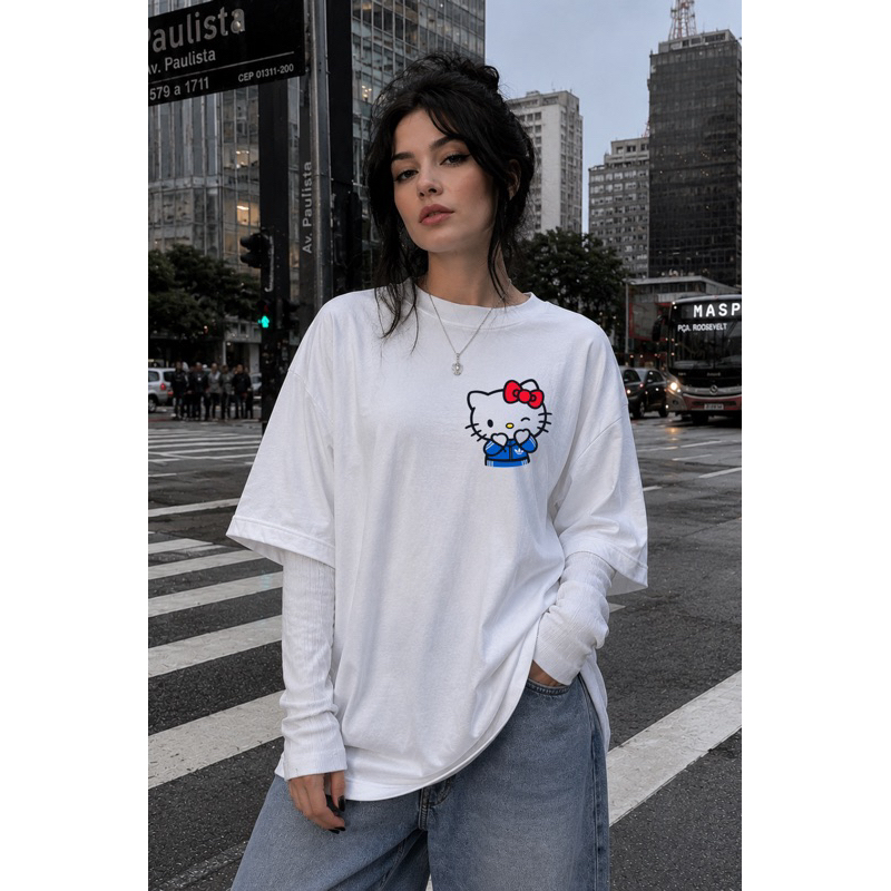 Camiseta Oversized Fitness Estampada Hello Kitty T-shirt Feminina Streetwear Academia Treino Premium Confortável