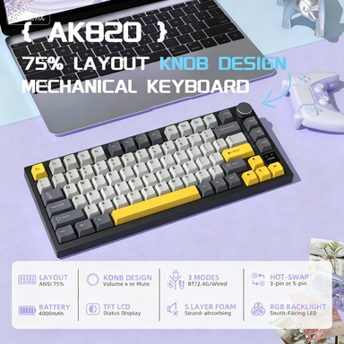 ATTACK SHARK × AJAZZ AK820 Pro Teclado Mecânico 75% Sem Fio, TFT Display, Knob, Hot-Swappable, RGB