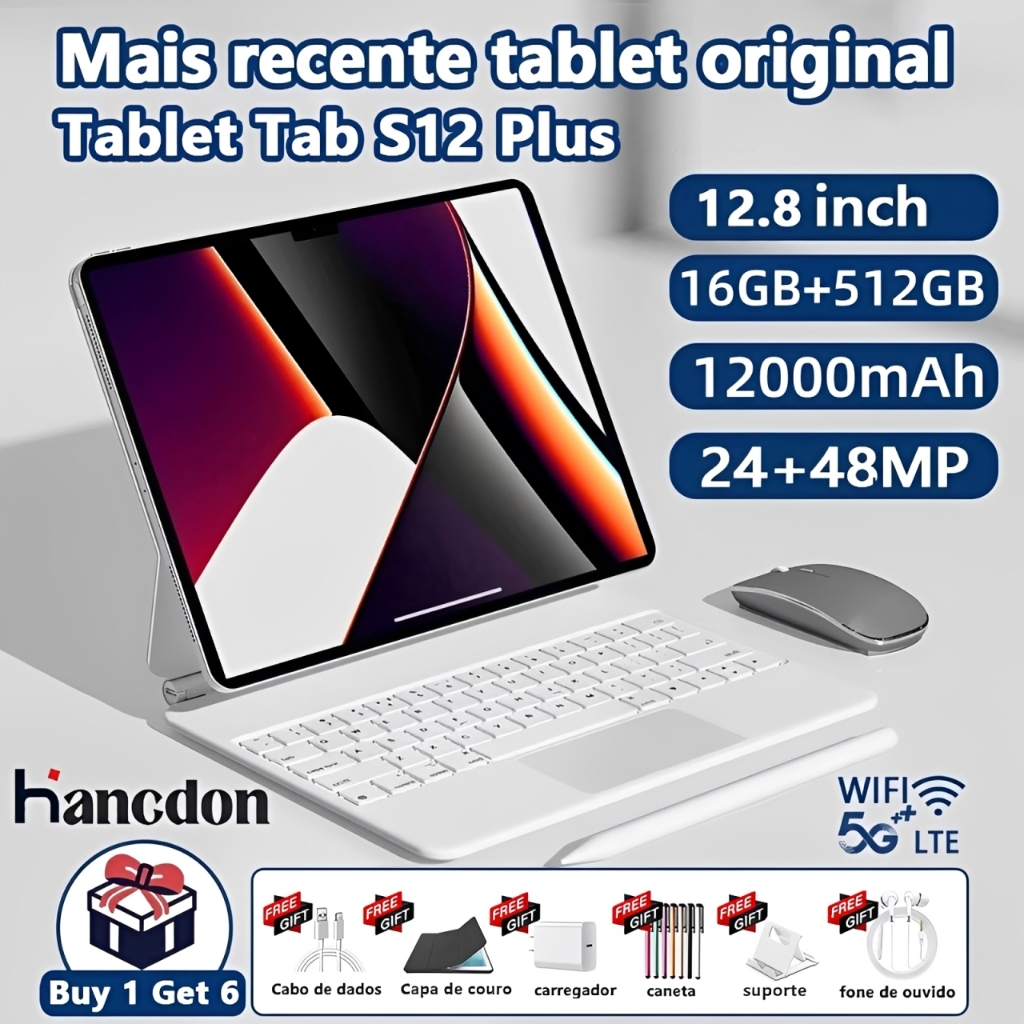 【Teclado e mouse gratuitos】Tablet Galaxy S12 Plus Tablet 12,8 polegadas 16 GB + 512 GB 12000 mAh …