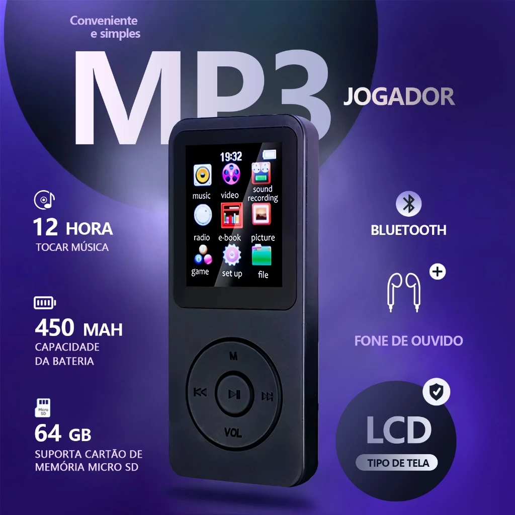 Reprodutor De MP3 Bluetooth 5.0 Estéreo Tela De 1,8 Polegadas Leitor De e-Books Com Alto-Falante Esportivo.