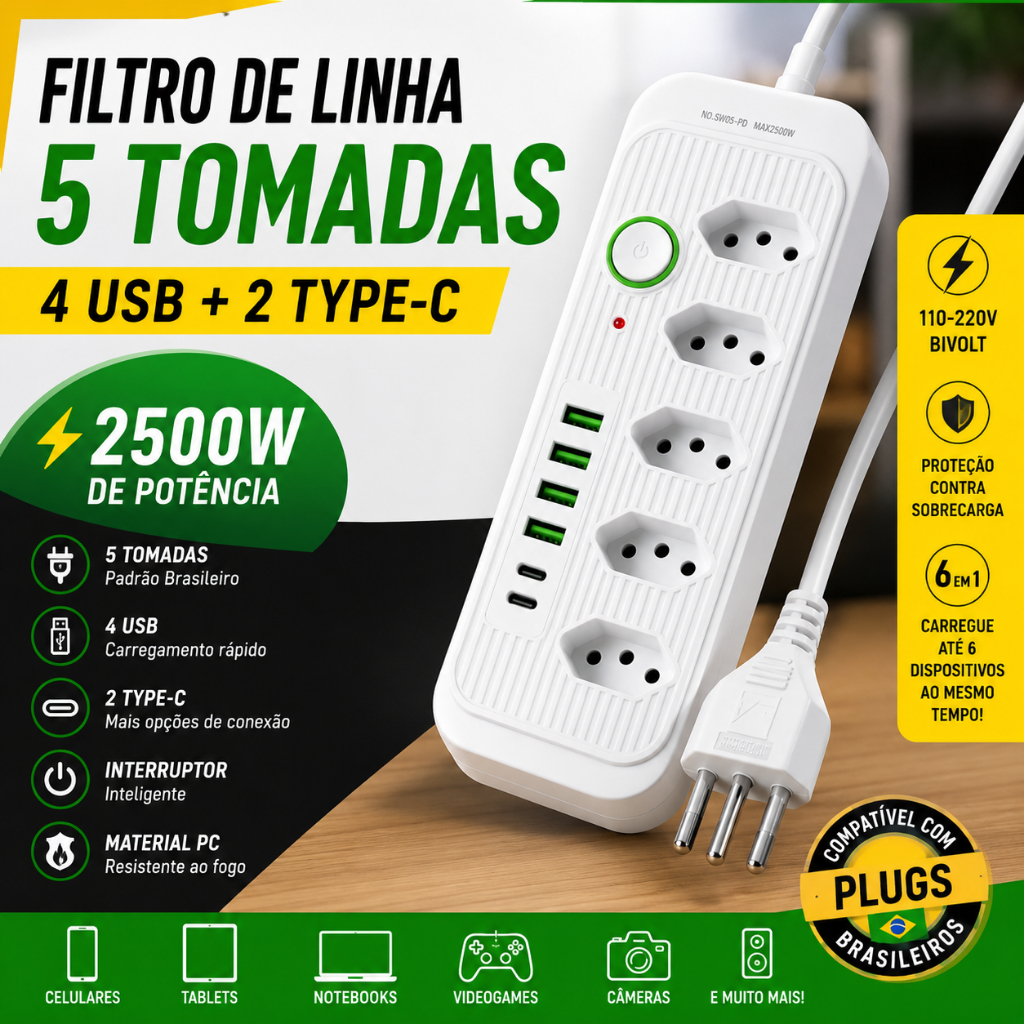 Filtro de Linha 5 Tomadas 4 USB 2 Type-C 2500W Bivolt Extensão Elétrica Régua de Tomada