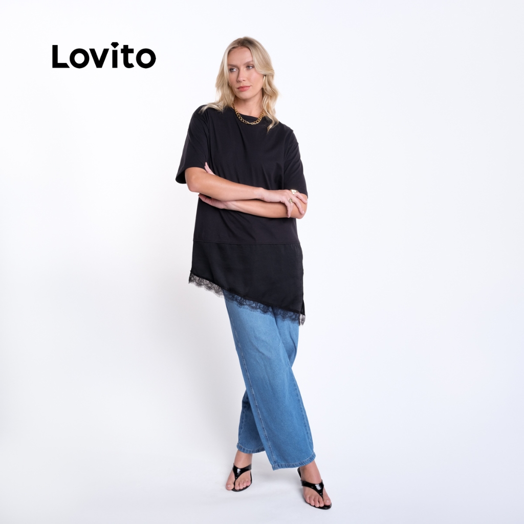 Lovito Camiseta Renda Moda Trendy Feminina com Barra Assimétrica TSB20412071