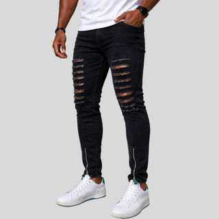 Calcas Jeans Preta Masculinas Slim Destroyed Com Ziper Na Canela Promocao - Tiger Jeans