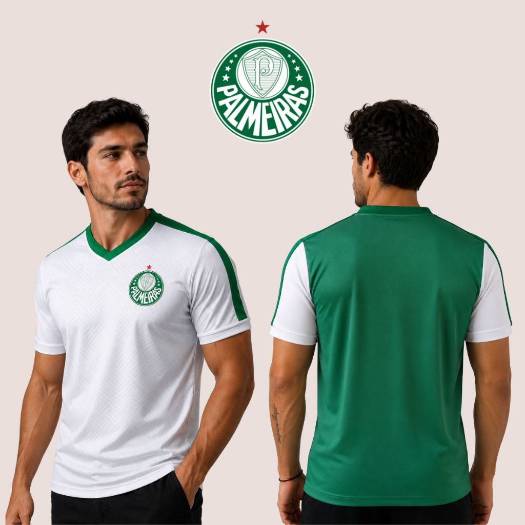 Camiseta Masculina Esportiva Palmeiras Branca e Verde Manga Curta Ideal Para Uso Casual