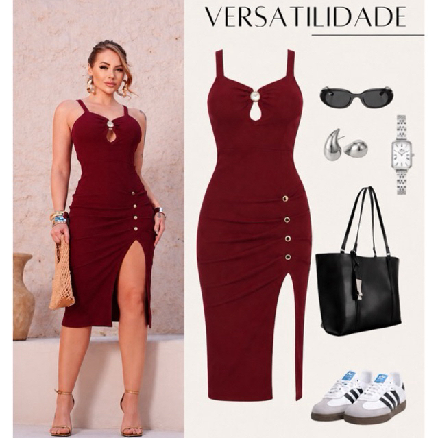 Vestido Canelado Midi com Fenda Lateral Algodão e Elastano Casual e Estiloso para o Verão Moda Feminina