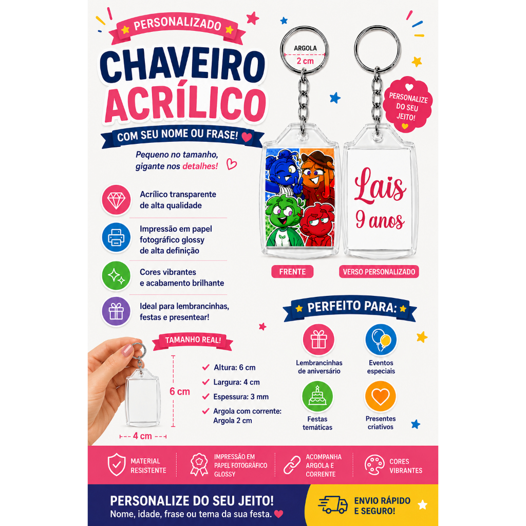 Chaveiro Acrílico Personalizado com tema, nome e idade 6x4cm Lembrancinha de Aniversário Festa Infantil Mundo Torajo