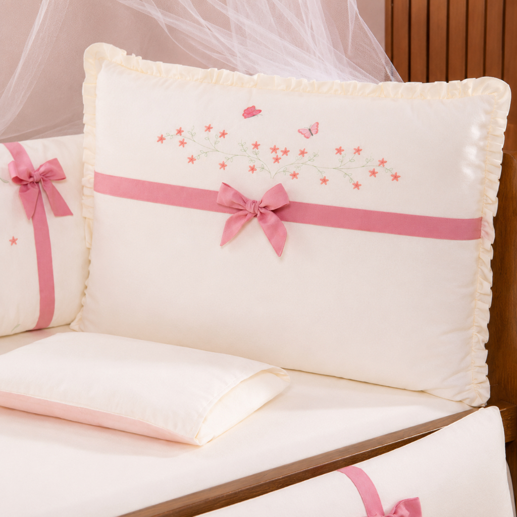 Kit Berço Americano Menina Borboleta Rose Palha Enxoval Completo 10 Peças Com Mosquiteiro