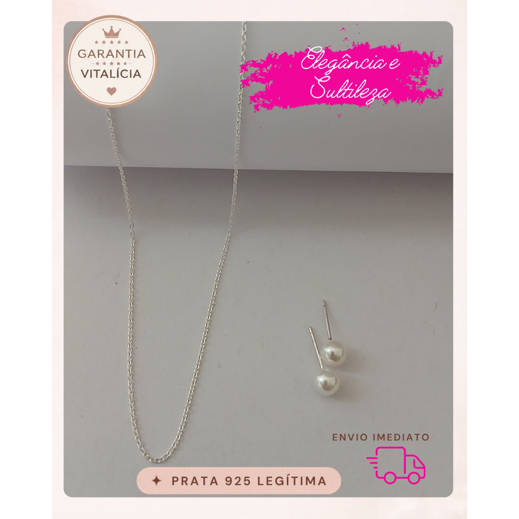 Conjunto Colar e Brincos de Pérola Joia Prata 925 Presente Esposa Filha Namorada