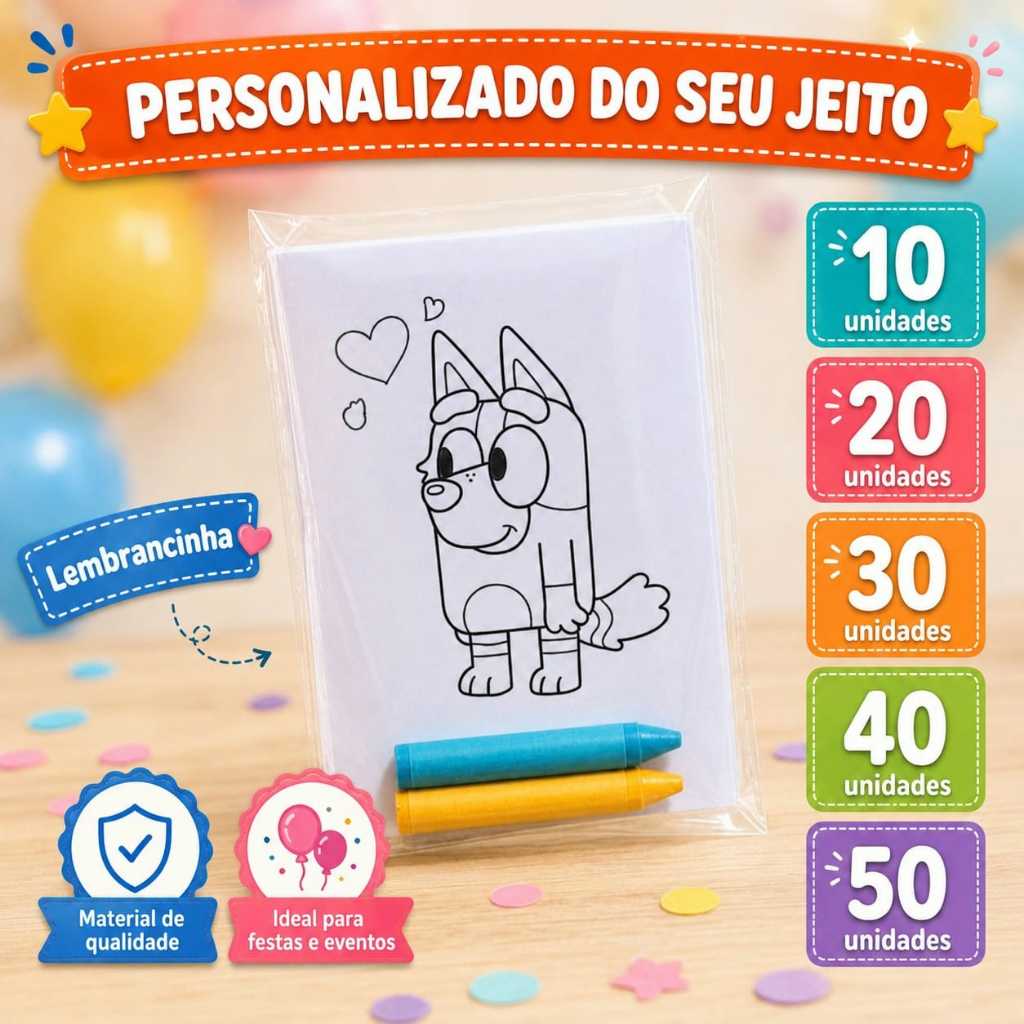 Kit Lembrancinhas de Colorir Personalizadas Bluey, Tema à Escolha – Festa Infantil, Lembrancinha Aniversário