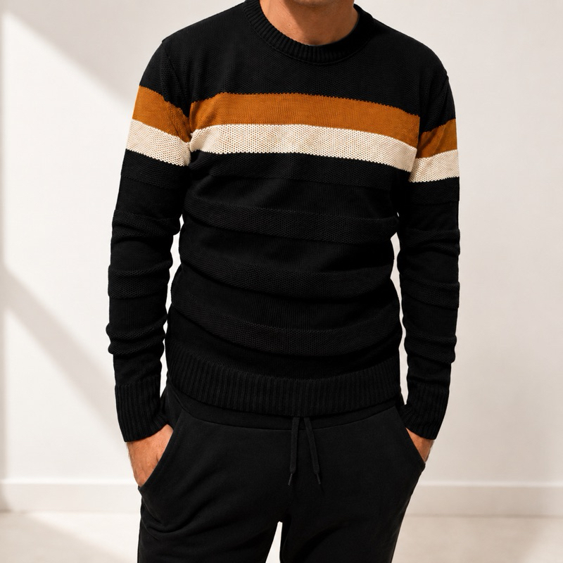 Suéter Masculino Tricô Premium Gola Redonda Listrado Inverno Blusa de Frio Casual Confortável