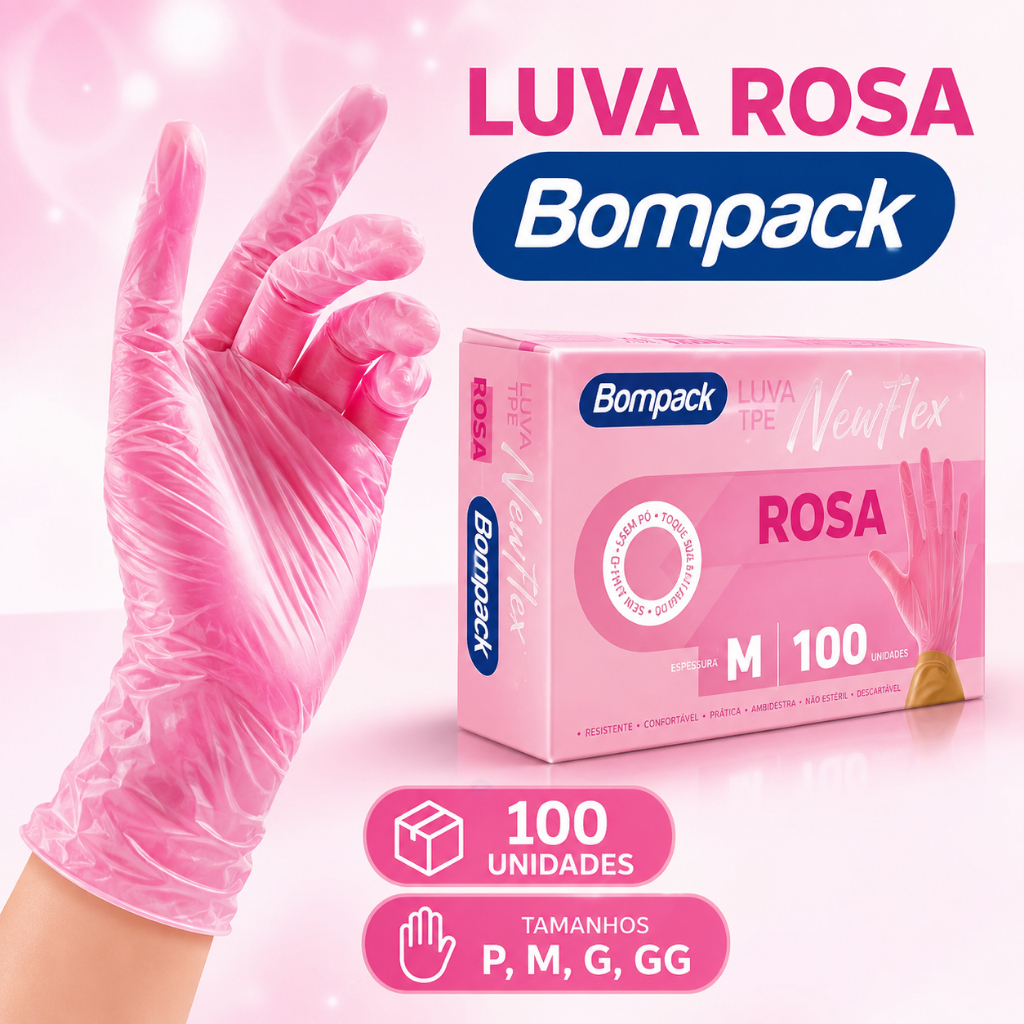 Luva Rosa VinilFlex TPE 100 Unidades Descartável Ambidestra Sem Pó Para Limpeza Estética Cozinha