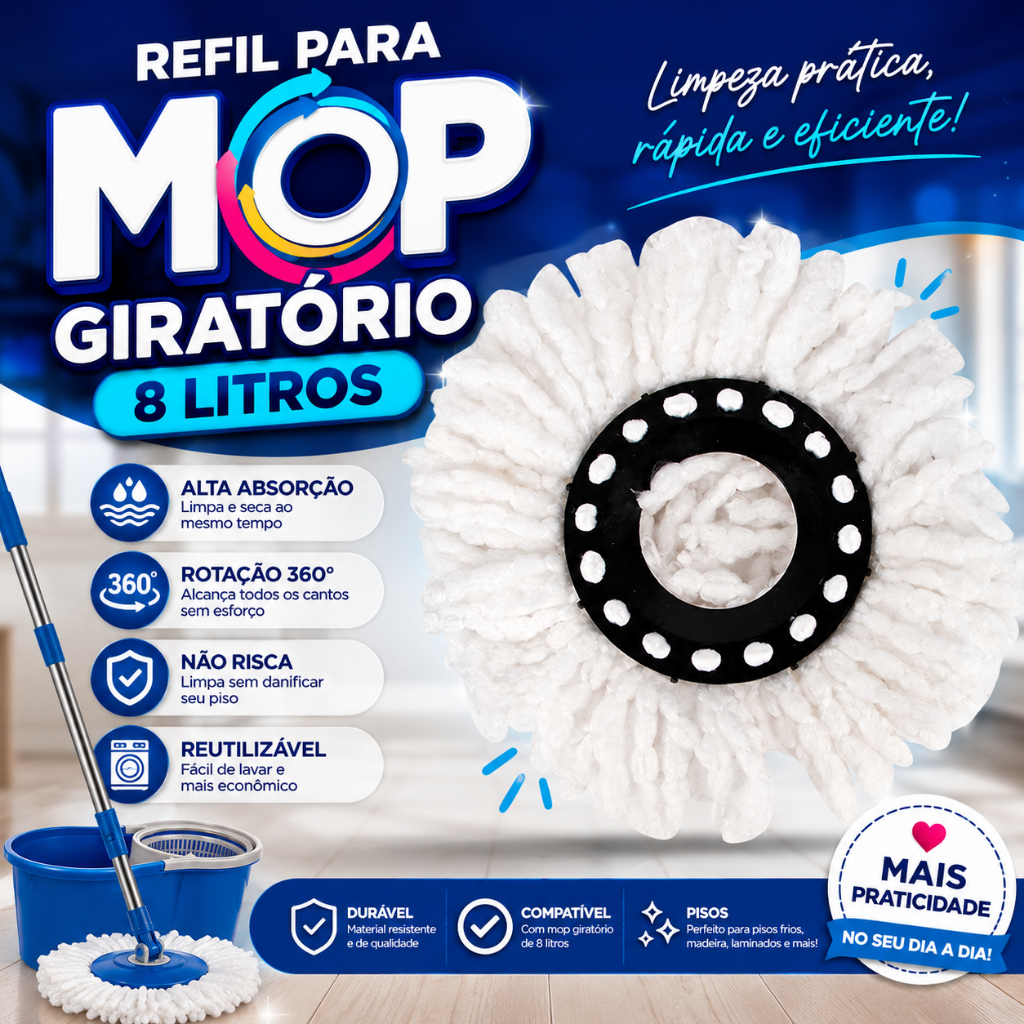 Refil Microfibra para Mop Giratório 8 Litros Lavável Alta Absorção Resistente Limpeza Profissional