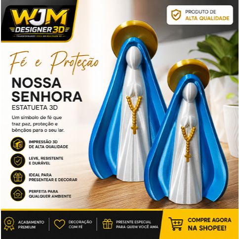Estatueta Nossa Senhora Aparecida 3D Decorativa | Imagem Católica | Fé e Proteção | Presente Religioso | Impressão 3D