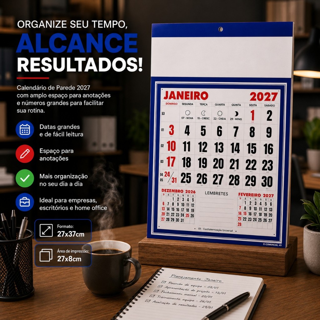 50 Calendários mod.40 Bloco A 27x37 - 2027 - LER DESCRIÇÃO DO PRODUTO- NÃO PERSONALIZAMOS
