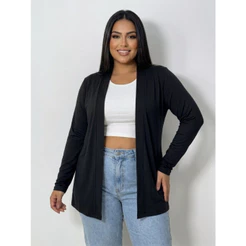 Casaco Kimono Plus Size Feminino Liso Cardigan Manga Longa Malha Viscolycra Cardigã