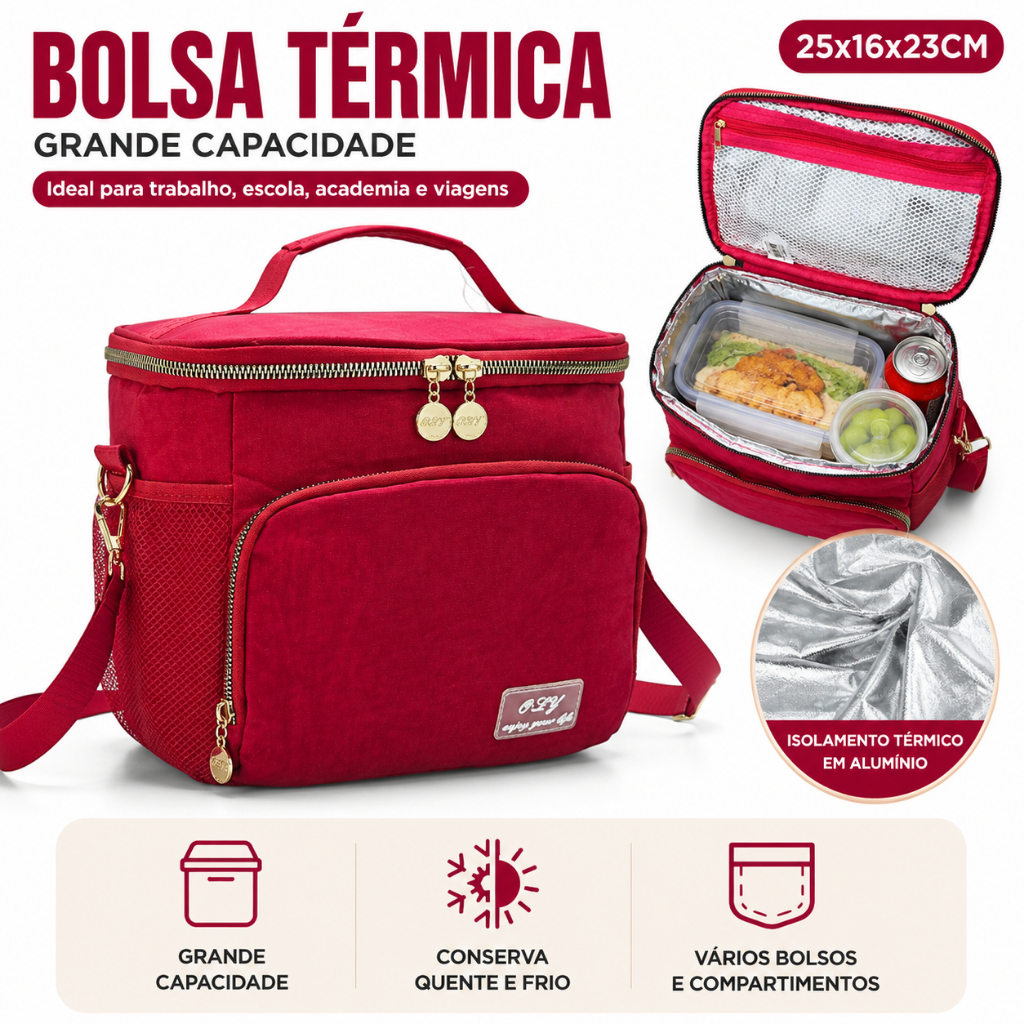 Bolsa Térmica para Marmita 25x16x23cm Feminina com Alça Ajustável Lancheira Térmica Grande Impermeável com Bolso Frontal