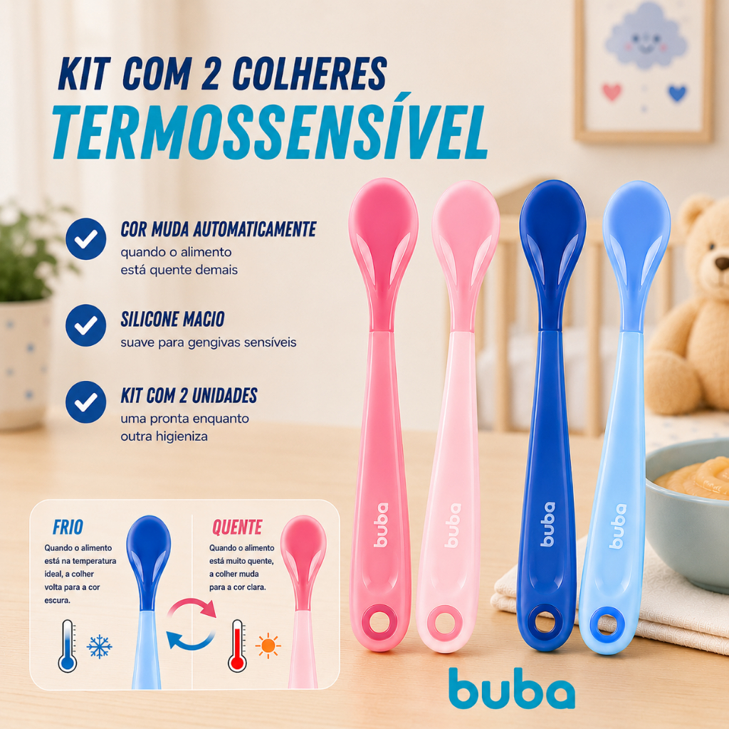 Colher Termossensível Bebê Kit 2 Silicone Muda de Cor Introdução Alimentar BPA Free Buba