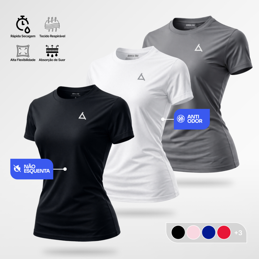 Kit 3 ou 2 Camiseta Feminina Dry Fit Camisa Academia Treino Manga Curta UV 50+ Blusa Fitness