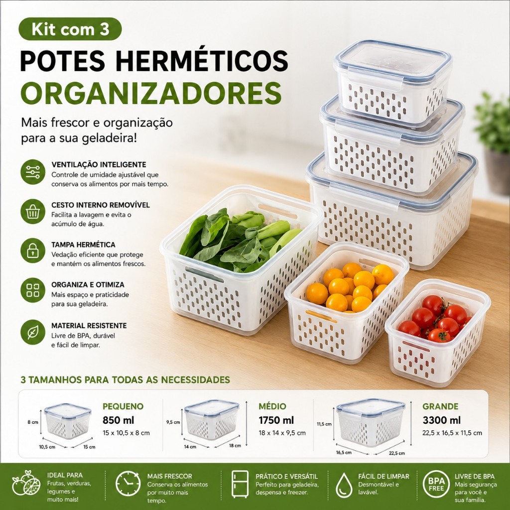 3 potes Organizadores Geladeira Lavar Frutas Herméticos Cozinha Alimentos Com Cesto Removível