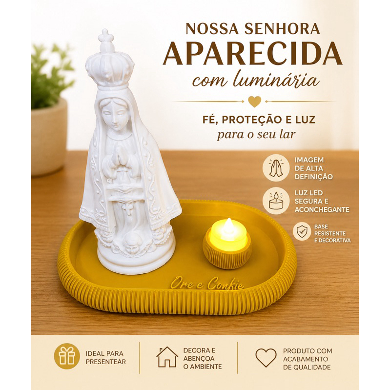 Kit Nossa Senhora Aparecida com Bandeja Decorativa e Vela LED | Decoração Religiosa para Altar e Oração