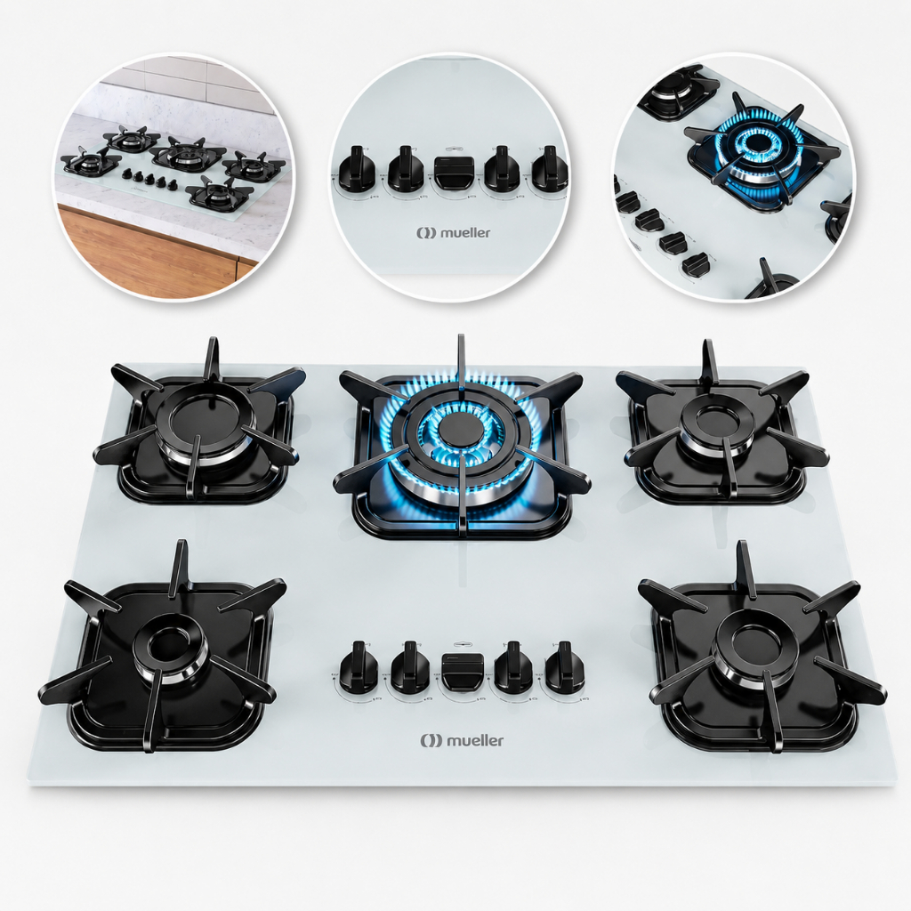 Cooktop Mueller 5 Bocas Tripla Chama Bivolt com Mesa em Vidro Acendimento Automático Fácil