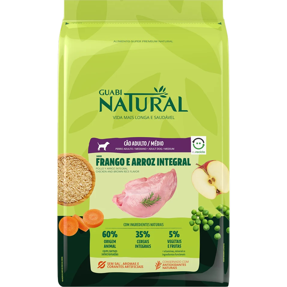 Ração Guabi Natural Cães Adultos Raça Média Frango e Arroz Integral 12 kg