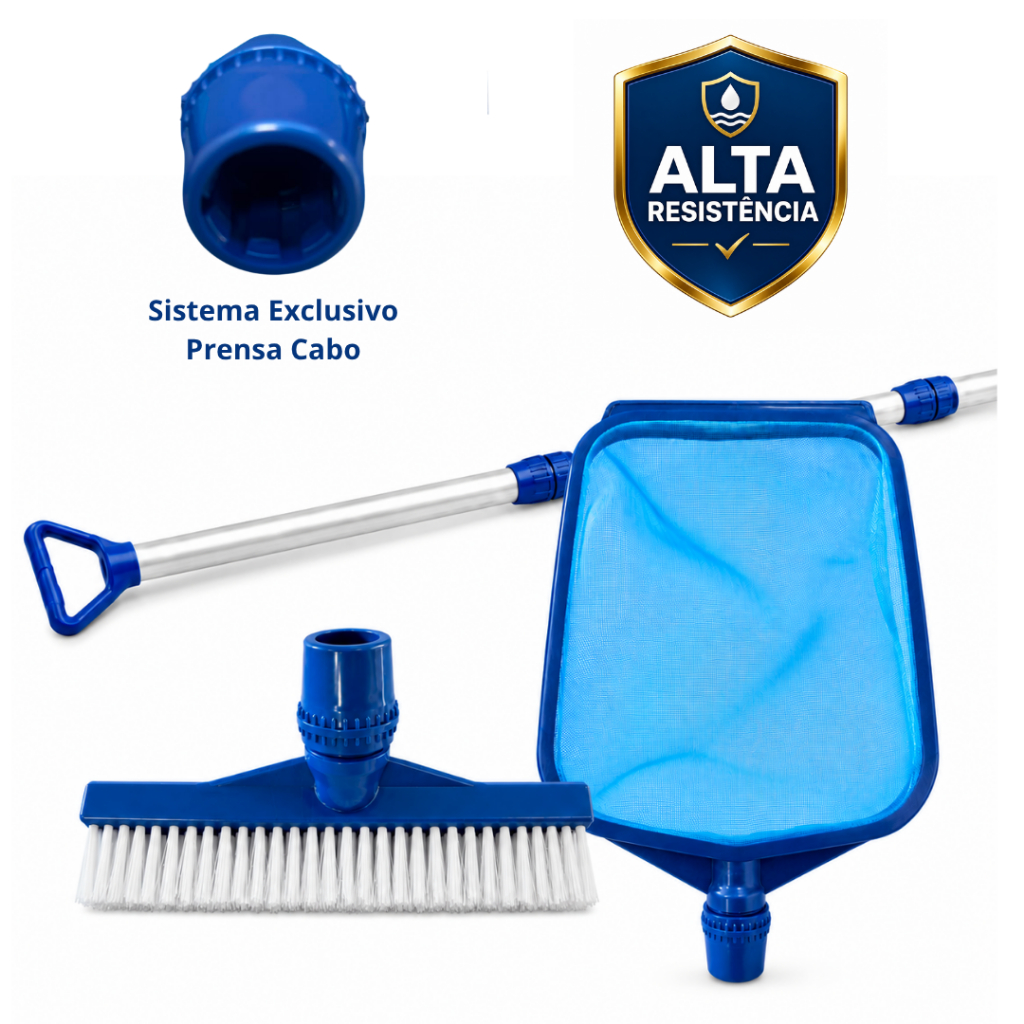 kit Limpeza Piscina Escova Reta e Peneira cata folha com cabo para Piscina Betel Fibra Vinil Alvenaria