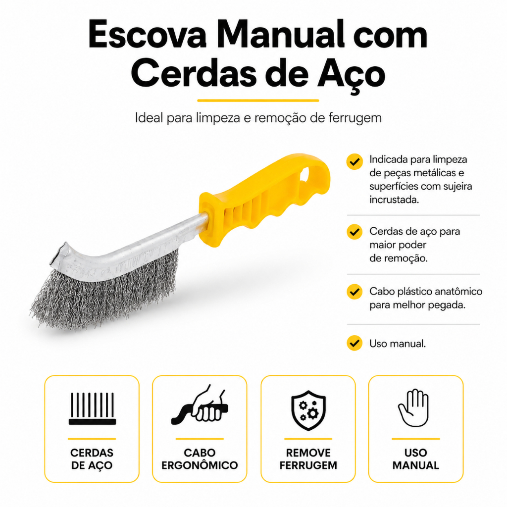 Escova Manual Cerdas de Aço Cabo Plástico Limpeza de Peças Vonder