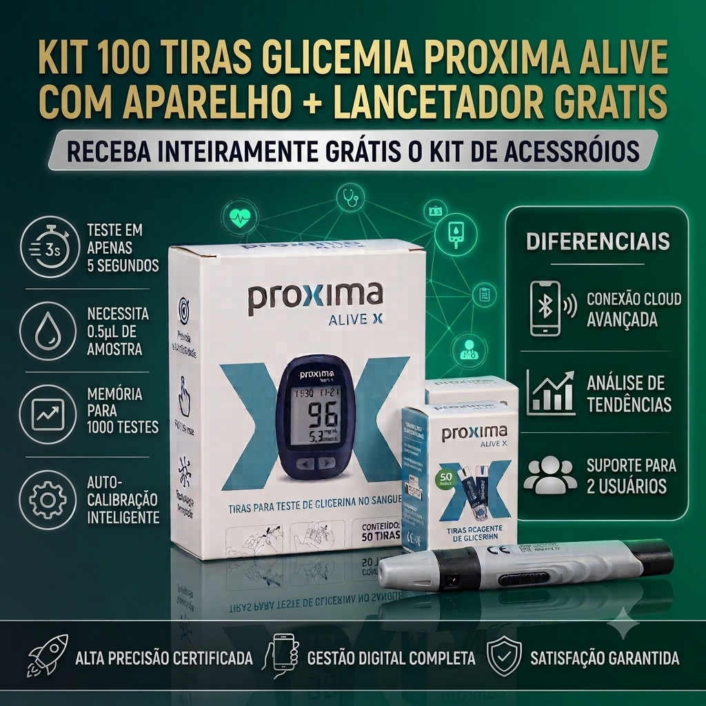 Kit 100 Tiras Glicemia Proxima Alive COM BRINDE Aparelho + Lancetador