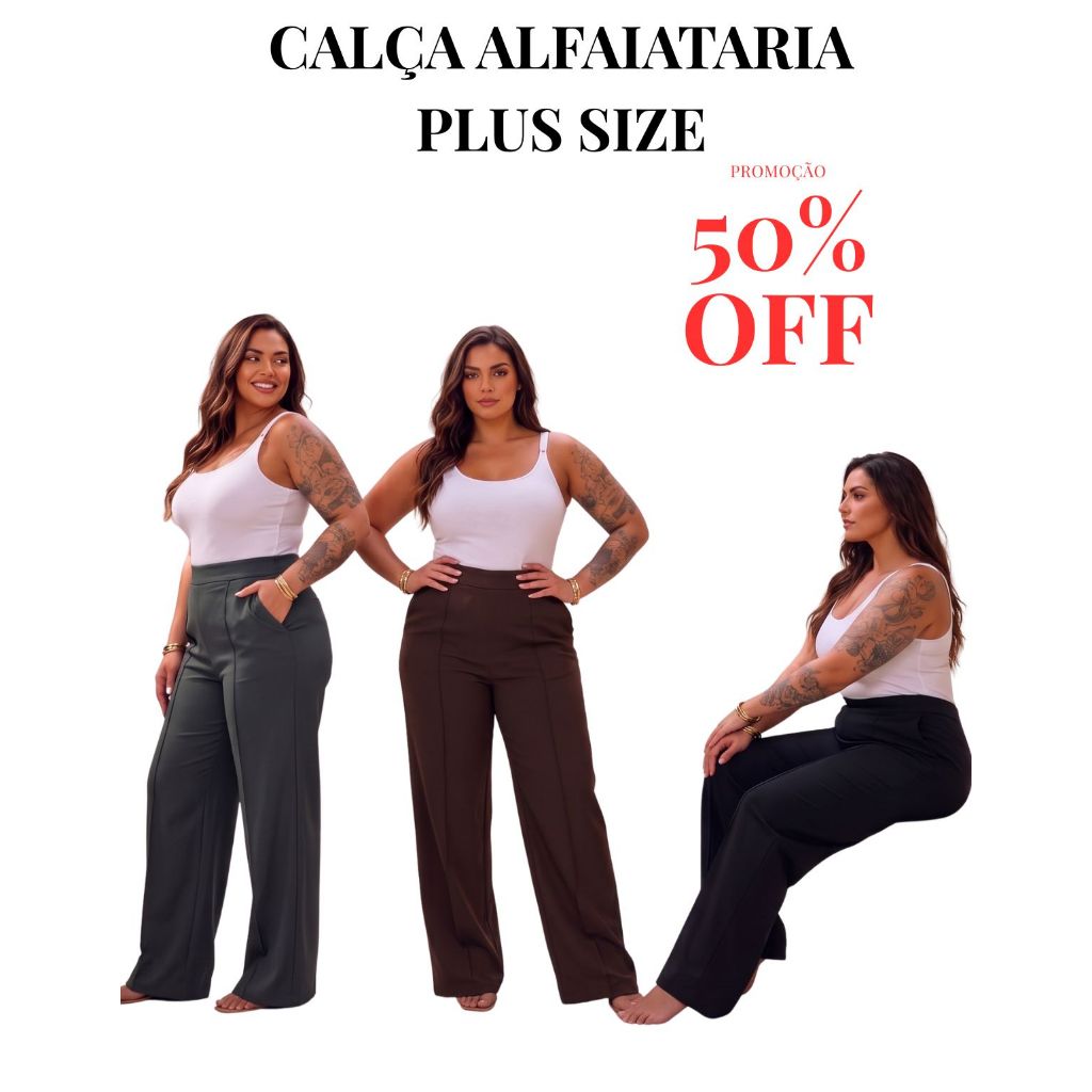 Calça Alfaiataria Pantalona Plus Size Wide Leg Cintura Alta Social Premium