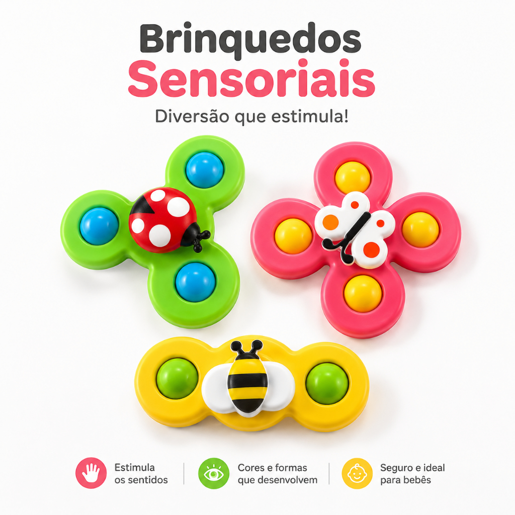 Kit 3 Brinquedo Sensoriais para Bebê com Ventosa Spinner Giratório Chocalho Montessori Infantil