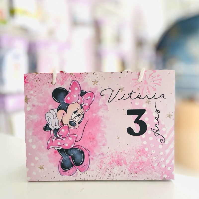 Sacolinha Personalizada Minnie rosa Aquarela c/ nome e idade | desmontada | Lembrancinha Festa Infantil