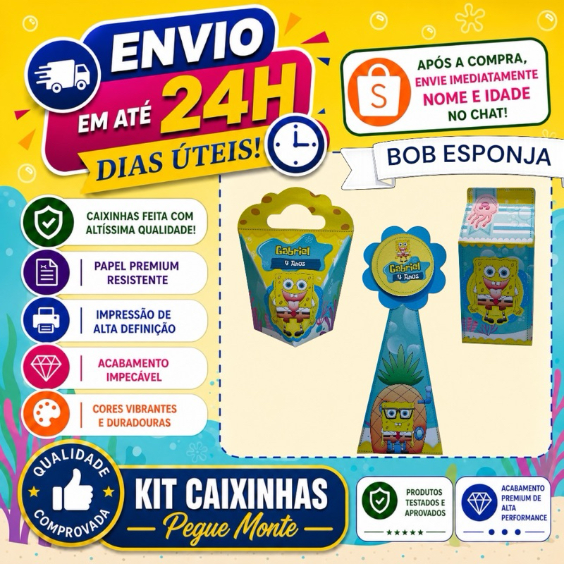 Kit Caixinha Personalizada - BOB ESPONJA -  Lembrancinha Aniversario - (Milk,Cone,Coração,) Lembrancinhas - PEGUE MONTE