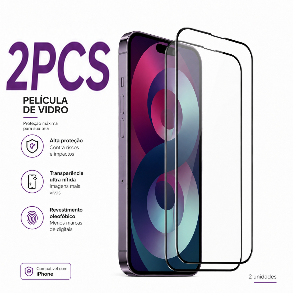 Película Vidro Temperado 3D 9H iPhone 11 12 13 14 15 16 17 Pro Max Kit 2 Unidades Anti Risco HD