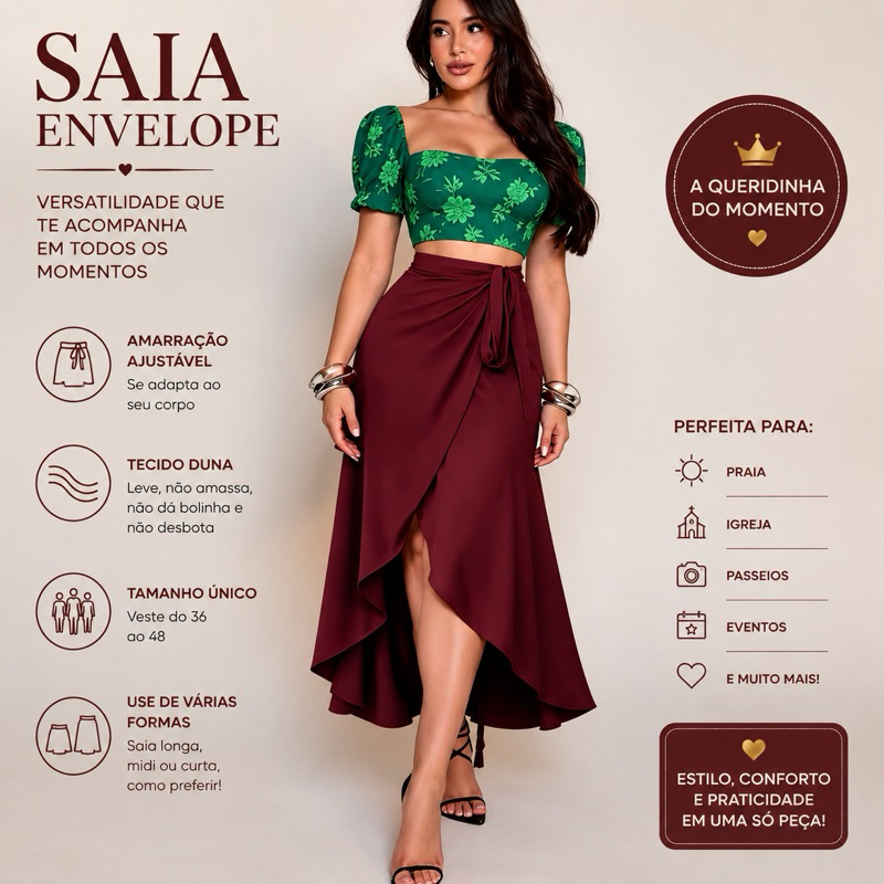 Saia Midi Envelope Transpassada Cintura Alta Casual Elegante