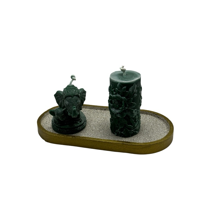Imagem Kit Vela Elefante Indiano Decorativa Aromática + Vela Floral Cilíndrica + Bandeja Artesanal | Decoração Indiana e Zen