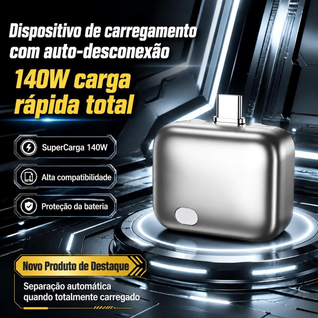 Cabo Carregador Tipo C 140W Corta Carga Automático Mini Portátil Anti Sobrecarga