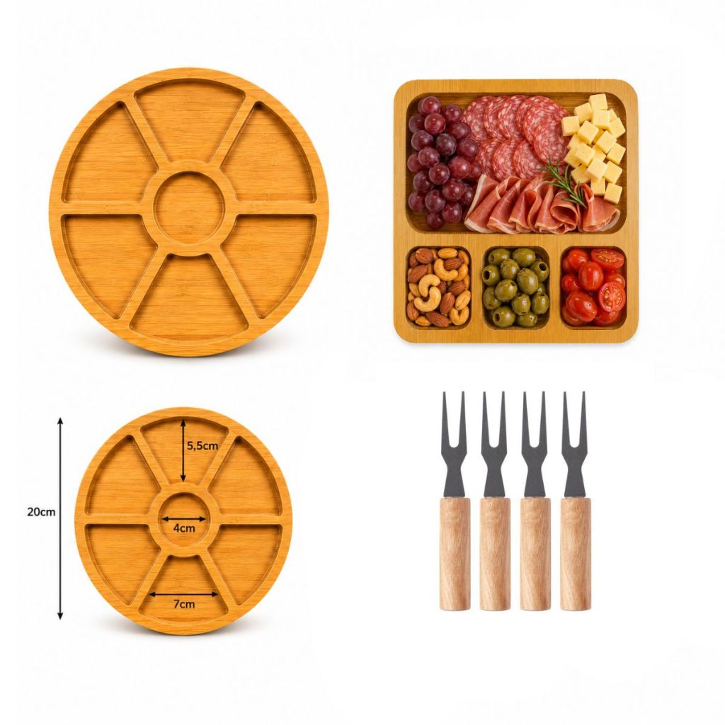 Kit Petisqueira de Bambu 20cm + 4 Garfos para Petiscos, Frios, Queijos e Aperitivos
