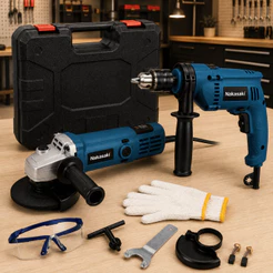 Kit Furadeira de Impacto 1000W Elétrica + Esmerilhadeira 900W Profissional Nakasaki + Maleta