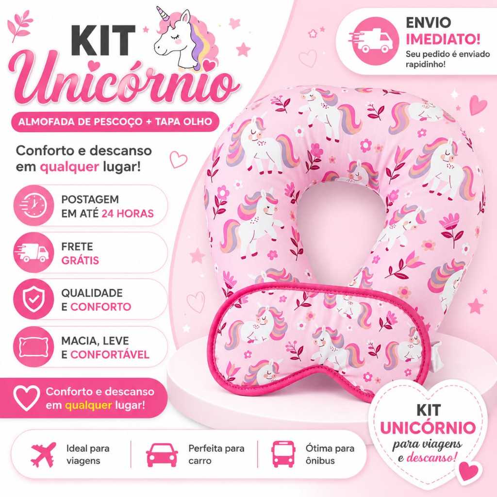 Almofada de Pescoço + Máscara de Dormir Unicórnio Kit Viagem