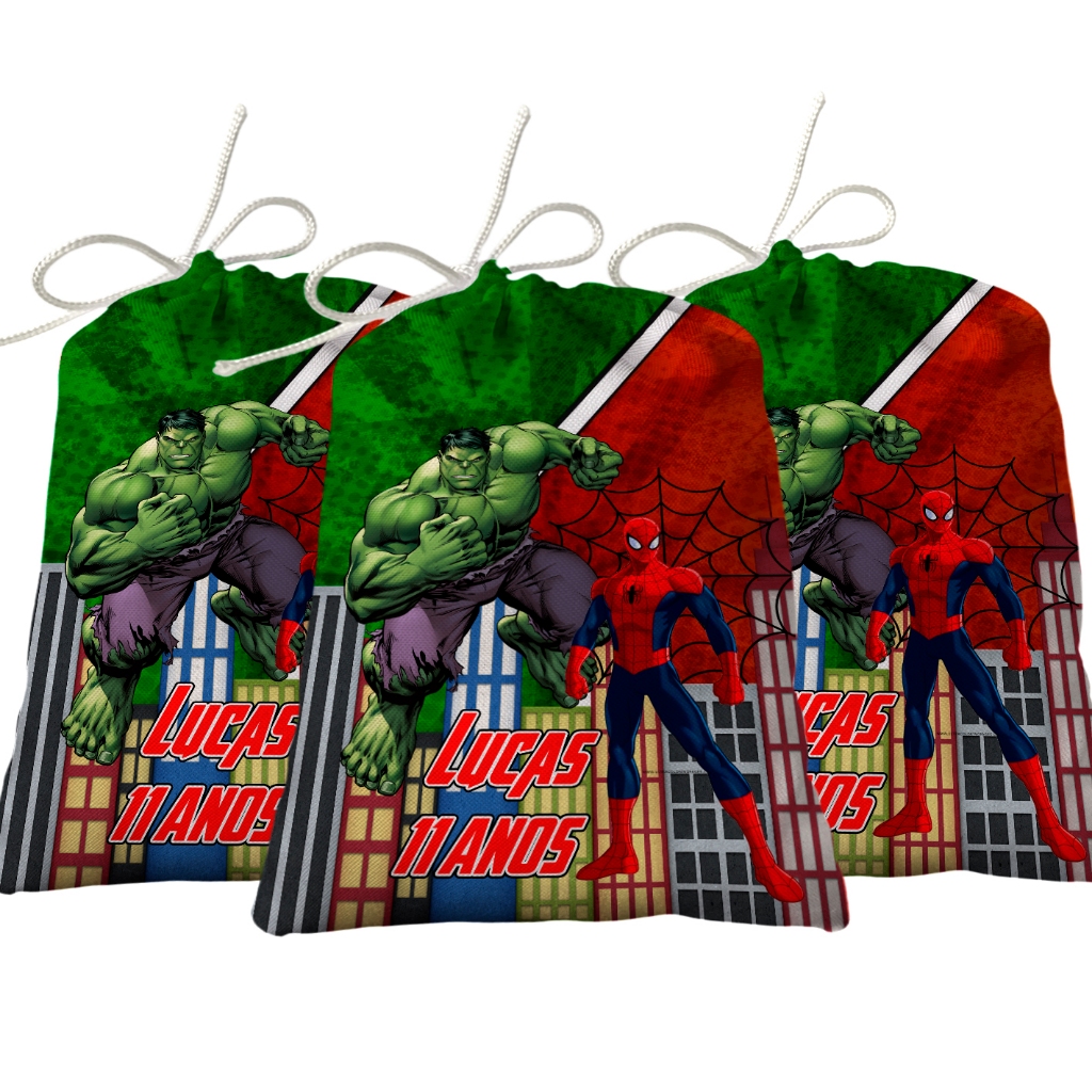 Sacolinha Lembrancinha Festa Aniversário Surpresa Tecido Personalizado Homem Aranha e Hulk