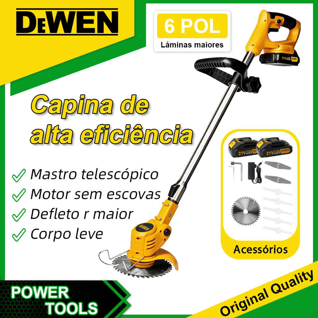 DEWEN Cortador de Grama sem Fio 600W 9000rpm 2 Baterias 3 em 1 1-30cm Profissional