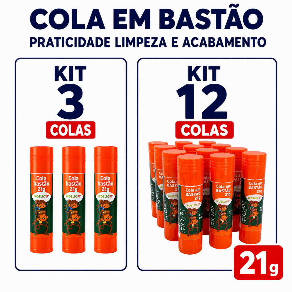 Kit Cola em Bastão 21 g Leo e Leo para Material Escolar Colagem Perfeita Não Tóxico Papel Cartolina