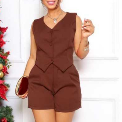 Conjunto Feminino De Short e Colette com Botão forrado Bolsos Laterales Tecido Alfaiataria premium