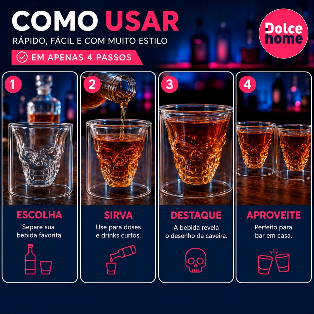 Kit 2 Copo Caveira Vidro Duplo 75ml  Para Whisky Tequila Vodka Bebidas Destiladas Bar e Decoração