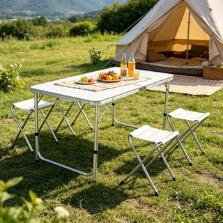 Kit Mesa Dobrável Portátil Vira Maleta Camping Churrasco 120X60cm com 4 Banquinhos Dobráveis Brancos
